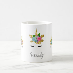 Cute Golden Glittery Unicorn Face Coffee Mug