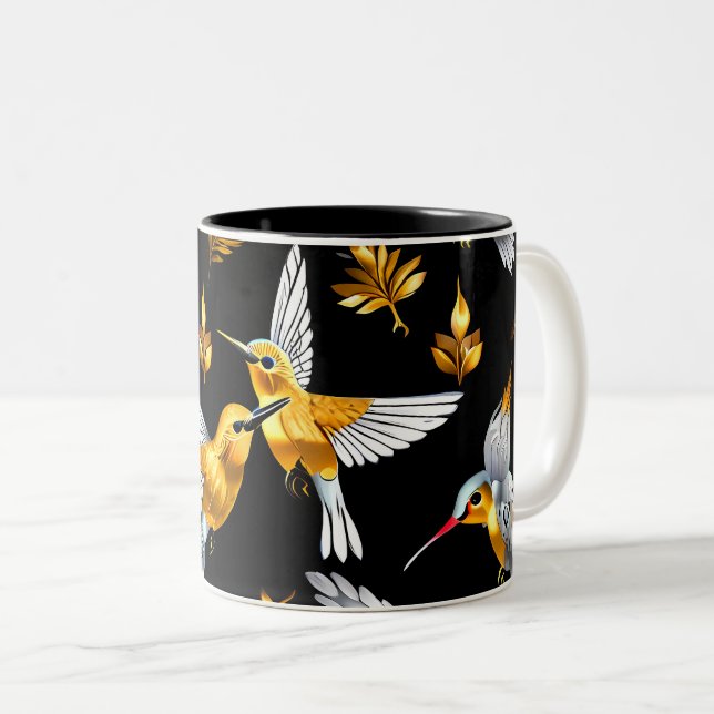 Cute Golden Hummingbirds on Black Two-Tone Coffee  Mug (Front Right)