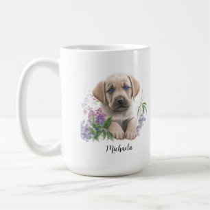 Cute Golden Labrador Puppy Florals Monogram Name Coffee Mug