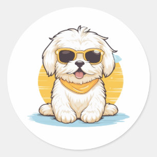 Cute Golden Maltese Dog Wearing Sunglasses Classic Round Sticker