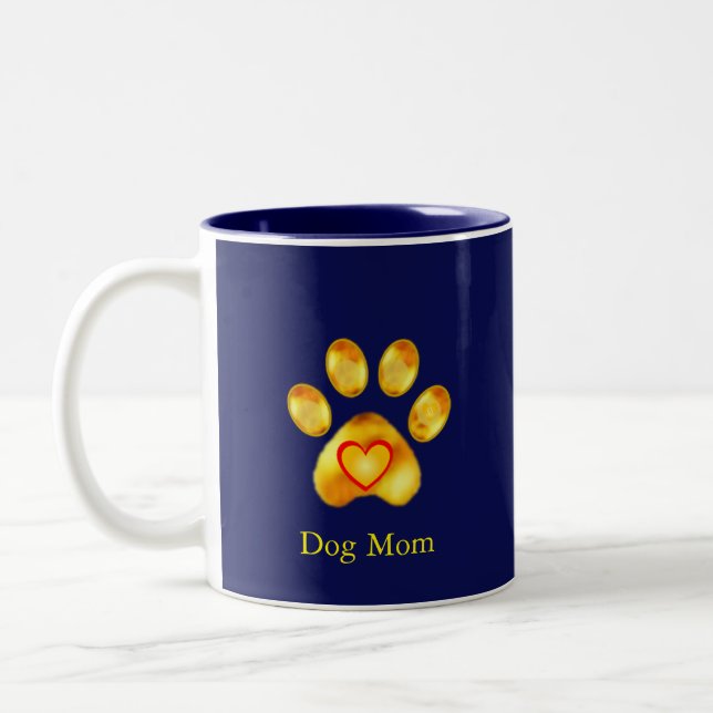Cute Golden Paw Dog Mum on Navy Blue Two-Tone Coffee Mug (Left)