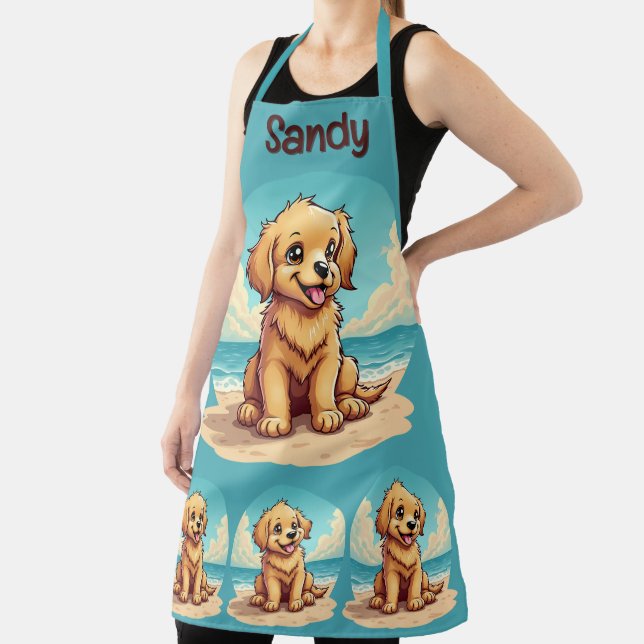 Cute Golden Puppy at Sunny Beach Scene Apron (Insitu)