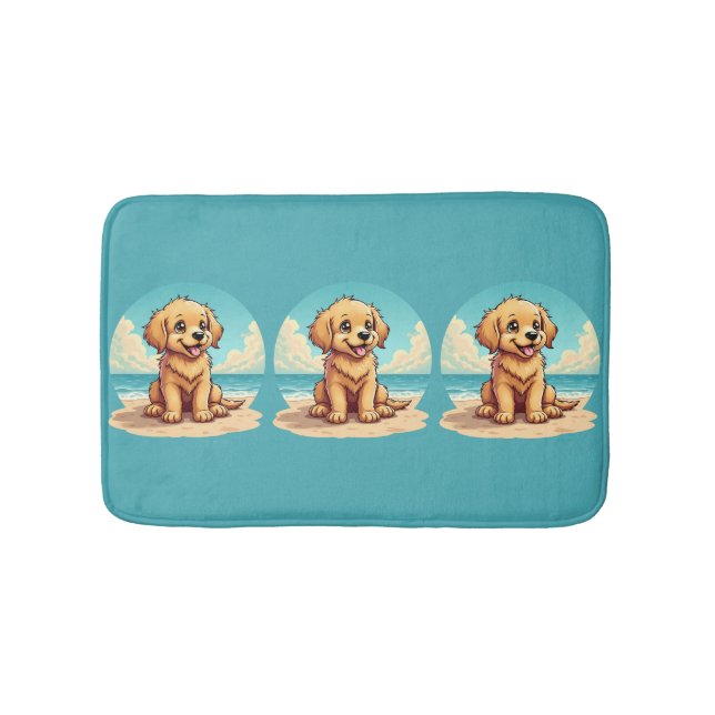 Cute Golden Puppy at Sunny Beach Scene Bath Mat (Front)