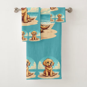 Cute Golden Puppy at Sunny Beach Scene Bath Towel Set