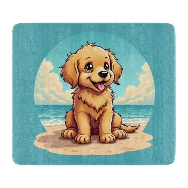 Cute Golden Puppy at Sunny Beach Scene Cutting Board (Front)