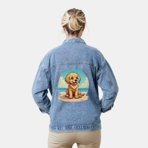 Cute Golden Puppy at Sunny Beach Scene Denim Jacket