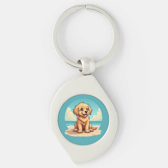 Cute Golden Puppy at Sunny Beach Scene Key Ring (Front)