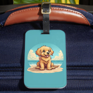 Cute Golden Puppy at Sunny Beach Scene Luggage Tag