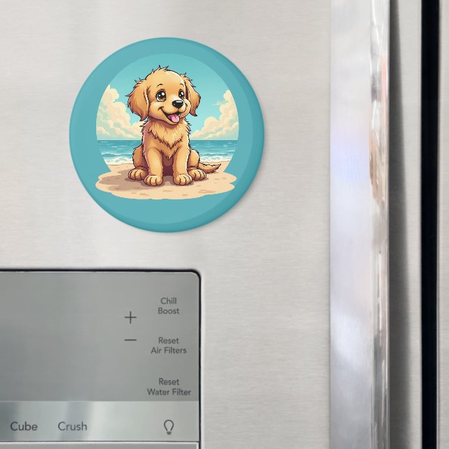 Cute Golden Puppy at Sunny Beach Scene Magnet (In Situ (Fridge))