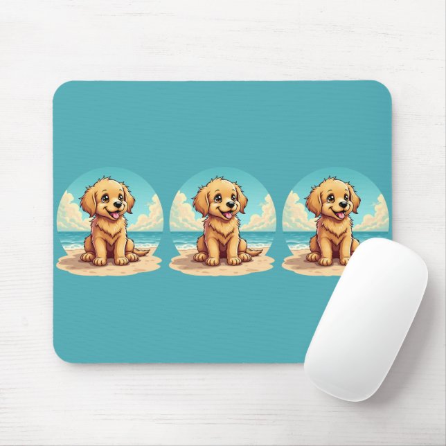 Cute Golden Puppy at Sunny Beach Scene Mouse Mat (With Mouse)