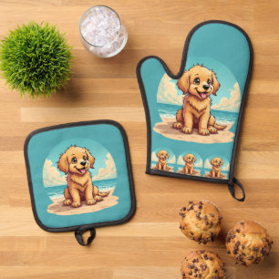 Cute Golden Puppy at Sunny Beach Scene Oven Mitt & Pot Holder Set