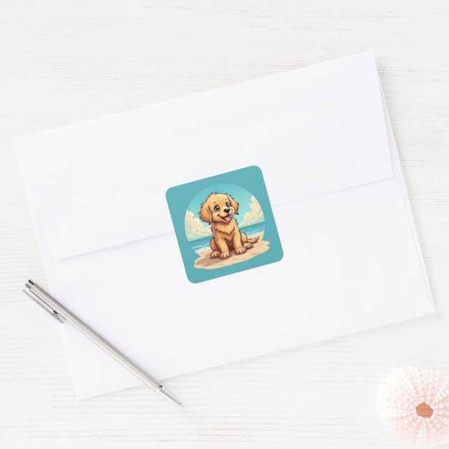 Cute Golden Puppy at Sunny Beach Scene Square Sticker (Envelope)