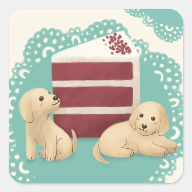 Cute Golden Retriever and Dessert Illustration Art Square Sticker (Front)