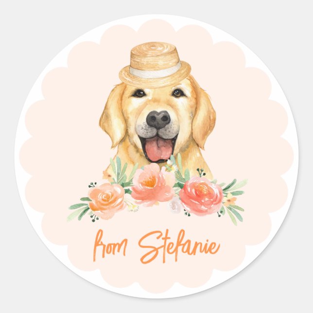 Cute Golden Retriever and Peach Flowers Birthday Classic Round Sticker (Front)