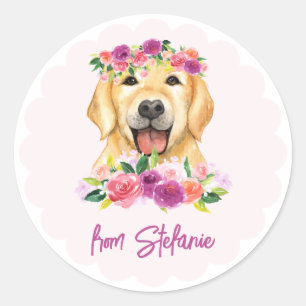Cute Golden Retriever and Purple Flowers Birthday Classic Round Sticker
