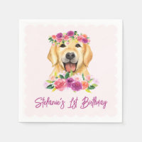 Cute Golden Retriever and Purple Flowers Birthday