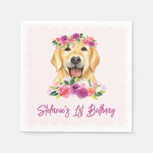 Cute Golden Retriever and Purple Flowers Birthday Napkin