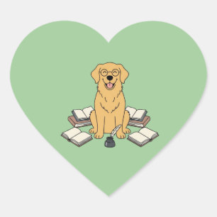 Cute Golden Retriever Book Lover College Green Heart Sticker