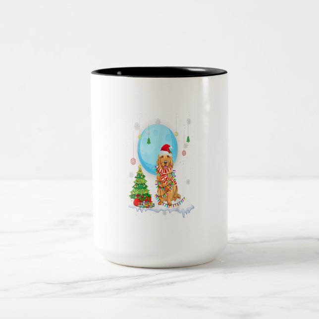 Cute Golden Retriever Christmas Dog Light Tree Two-Tone Coffee Mug (Center)