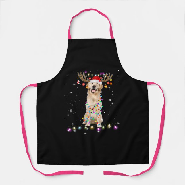 Cute Golden Retriever Christmas Lights Reindeer Apron (Front)
