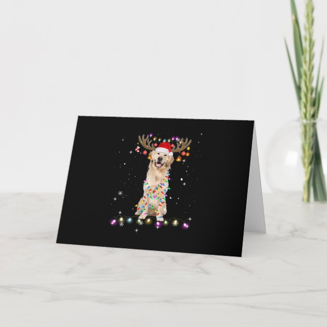 Cute Golden Retriever Christmas Lights Reindeer Card (Front)
