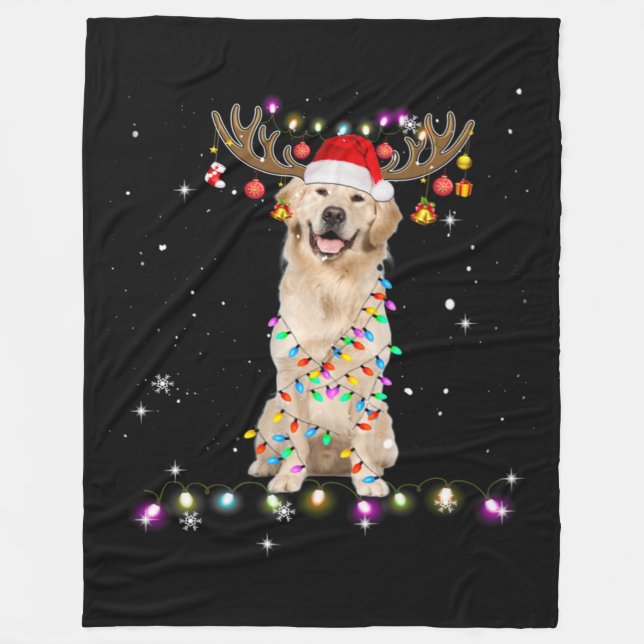 Cute Golden Retriever Christmas Lights Reindeer Fleece Blanket (Front)