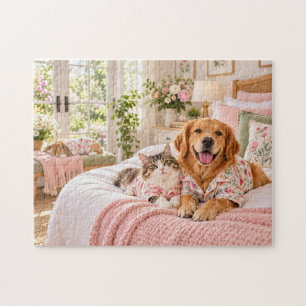 Cute Golden Retriever Dog, Cat & Bunny Jigsaw Puzzle
