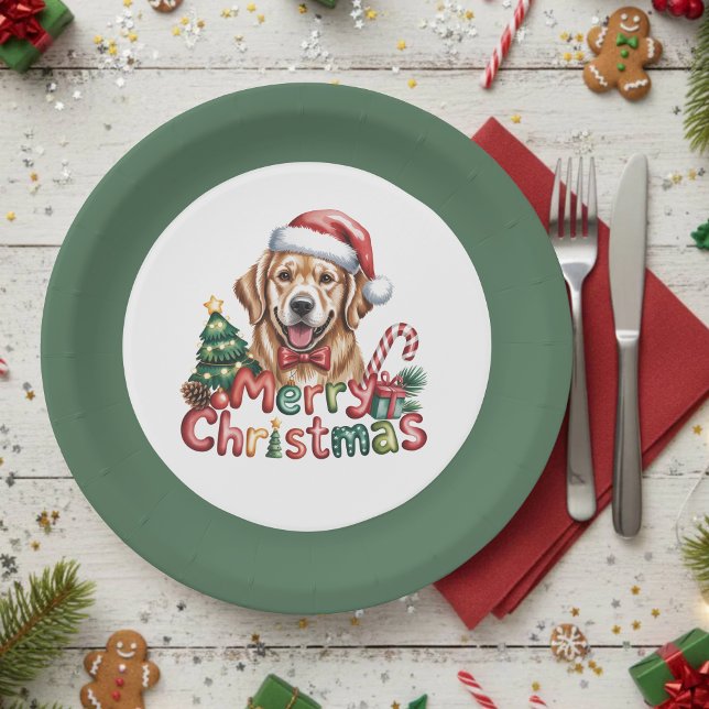 Cute Golden Retriever Dog Christmas Paper Plate (Creator Uploaded)