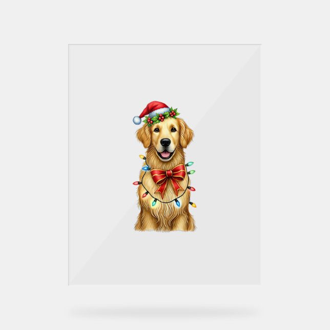Cute Golden Retriever Dog Coquette Bow Christmas M Acrylic Sign (Front)