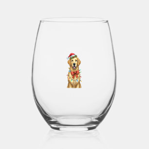 Cute Golden Retriever Dog Coquette Bow Christmas M Stemless Wine Glass