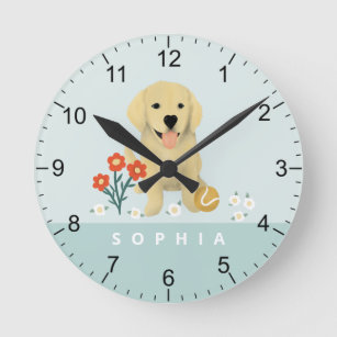 Cute Golden Retriever Dog Floral Round Clock