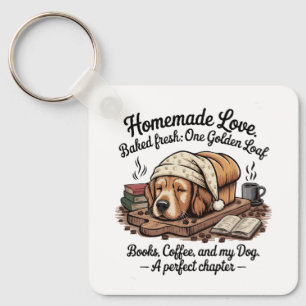 Cute Golden Retriever Dog Loaf Books & Coffee Key Ring
