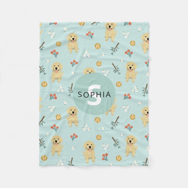 Cute Golden Retriever Dog Monogram Kids Fleece Blanket (Front)