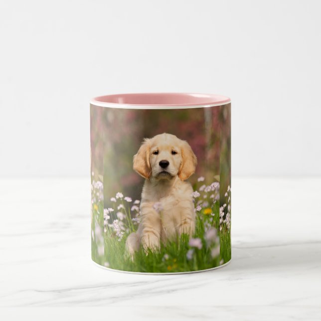 Cute Golden Retriever Dog Puppy Photo Pet Portrait Two-Tone Coffee Mug (Center)