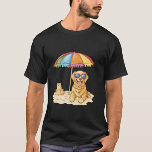 Cute Golden Retriever Dog Sandy Beach Summer Umbre T-Shirt
