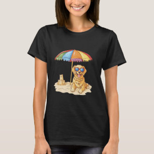 Cute Golden Retriever Dog Sandy Beach Summer Umbre T-Shirt
