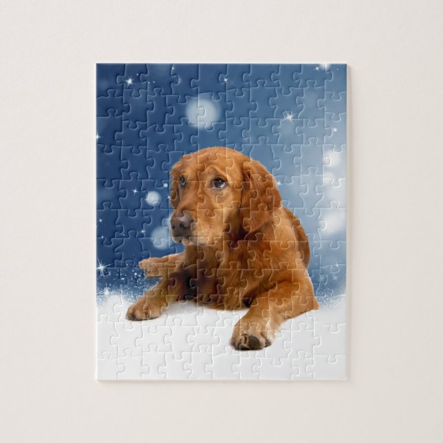 Cute Golden Retriever Dog Sitting in Snow Stars Jigsaw Puzzle (Vertical)