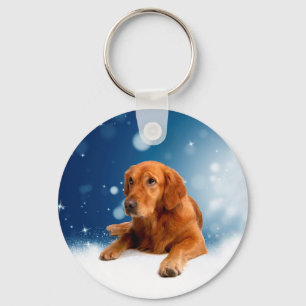 Cute Golden Retriever Dog Sitting in Snow Stars Key Ring