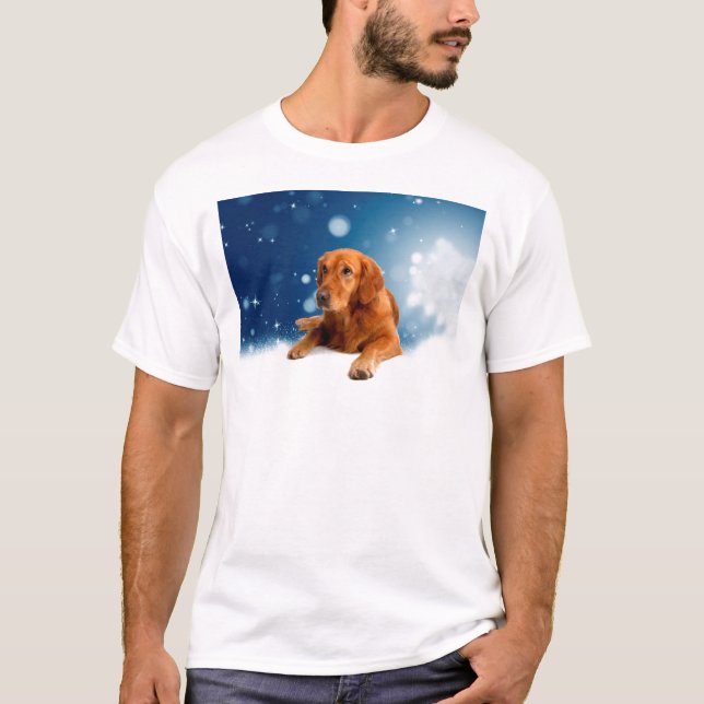 Cute Golden Retriever Dog Sitting in Snow Stars T-Shirt (Front)