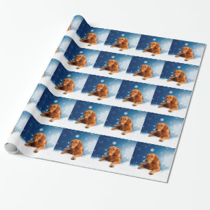 Cute Golden Retriever Dog Sitting in Snow Stars Wrapping Paper