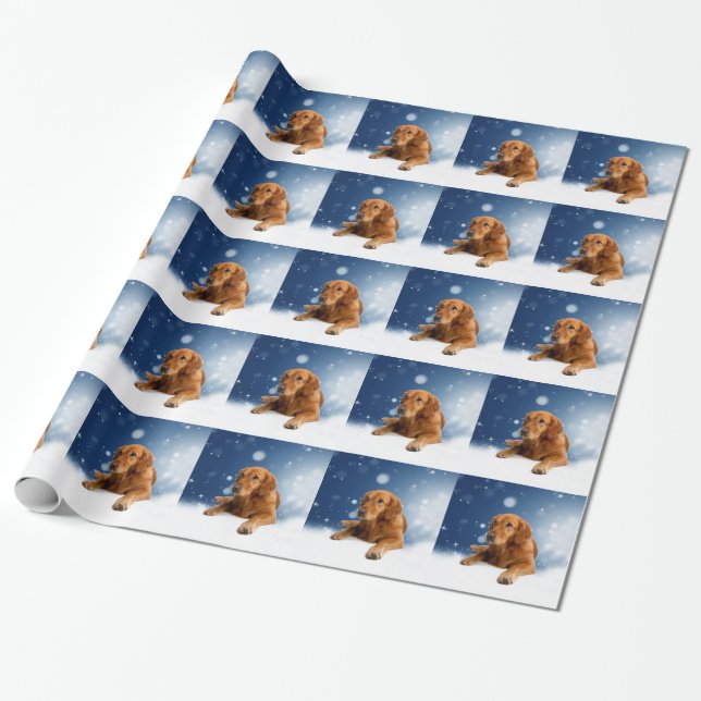 Cute Golden Retriever Dog Sitting in Snow Stars Wrapping Paper (Unrolled)