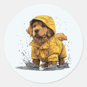 Cute Golden Retriever Dog Wearing Raincoat Classic Round Sticker