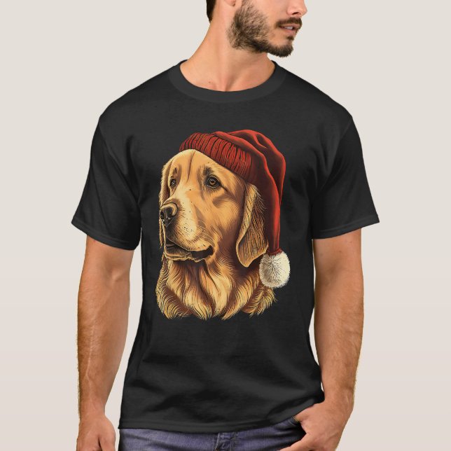 Cute Golden Retriever Dog with Christmas Hat T-Shirt (Front)