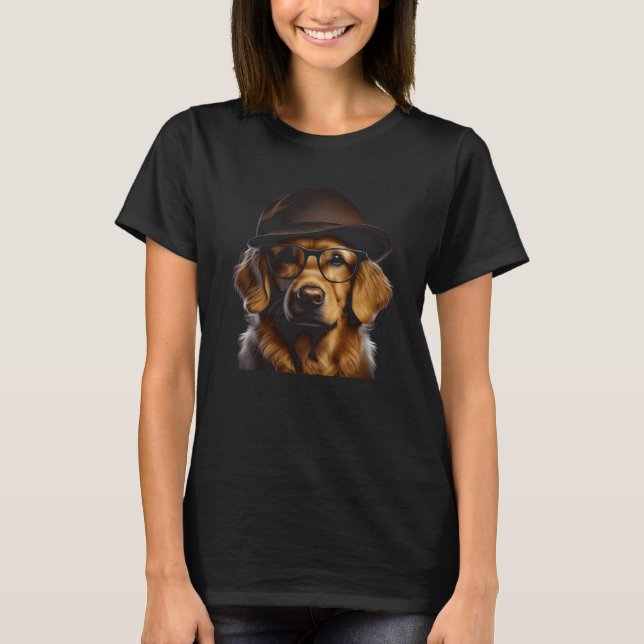 Cute Golden Retriever Dog With Hat And Glasses Gra T-Shirt (Front)