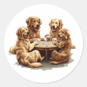 Cute Golden Retriever Dogs Playing Cards Classic Round Sticker