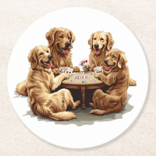 Cute Golden Retriever Dogs Playing Cards Round Paper Coaster