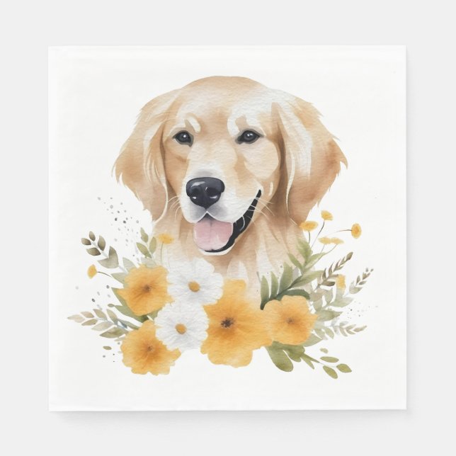 Cute Golden Retriever Floral Watercolor Puppy Dog Napkin (Front)