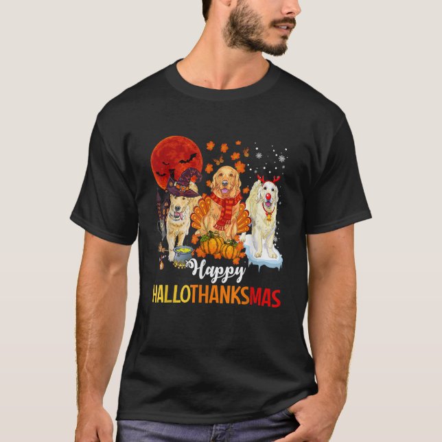 Cute Golden Retriever Happy Hallothanksmas Hallowe T-Shirt (Front)