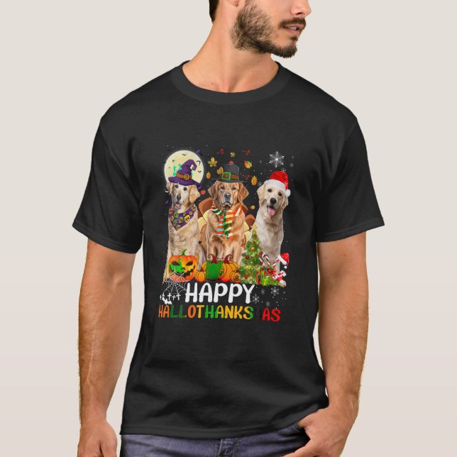 Cute Golden Retriever Happy Hallothanksmas Hallowe T-Shirt (Front)