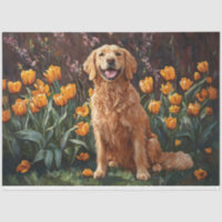 Cute Golden Retriever in a Tulip Garden Decoupage